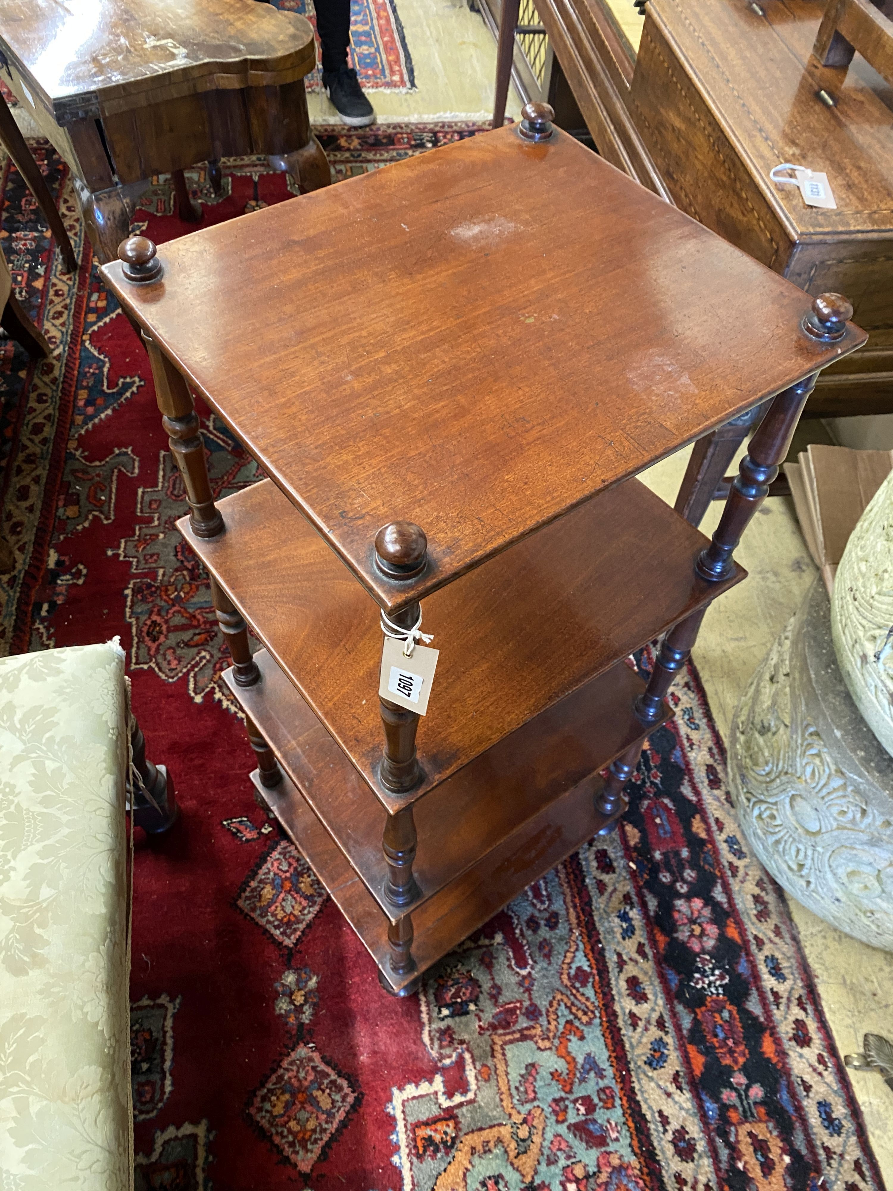 A Victorian mahogany four tier whatnot, width 42cm, depth 37cm, height 98cm